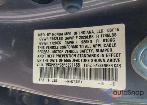 2015 Honda Civic Ex-L из США, поврежденный, VIN 19XFB2F93FE291468